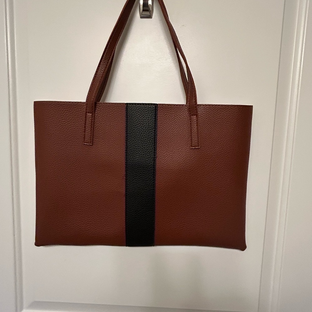 Vince Camuto Brown Leather Tote with Black Center Stripe